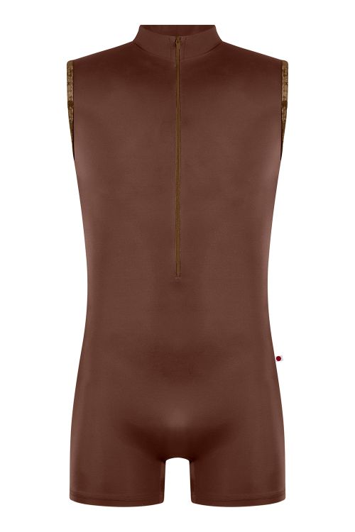 Victor semi-unitard in T-Moka body color with V-Toffee trim color and Toffee zipper